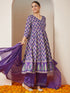 Janasya Women's Purple Rayon Ethnic Motifs Gold Printed Anarkali Kurta Set